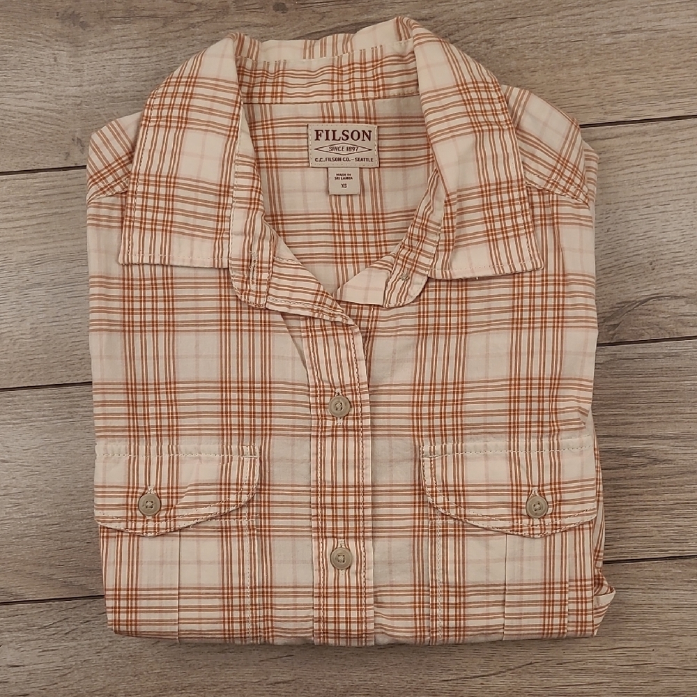 FILSON Kadin Island Shirt Cotton Tan White Plaid XS Womens Long Sleeve Shirt Top